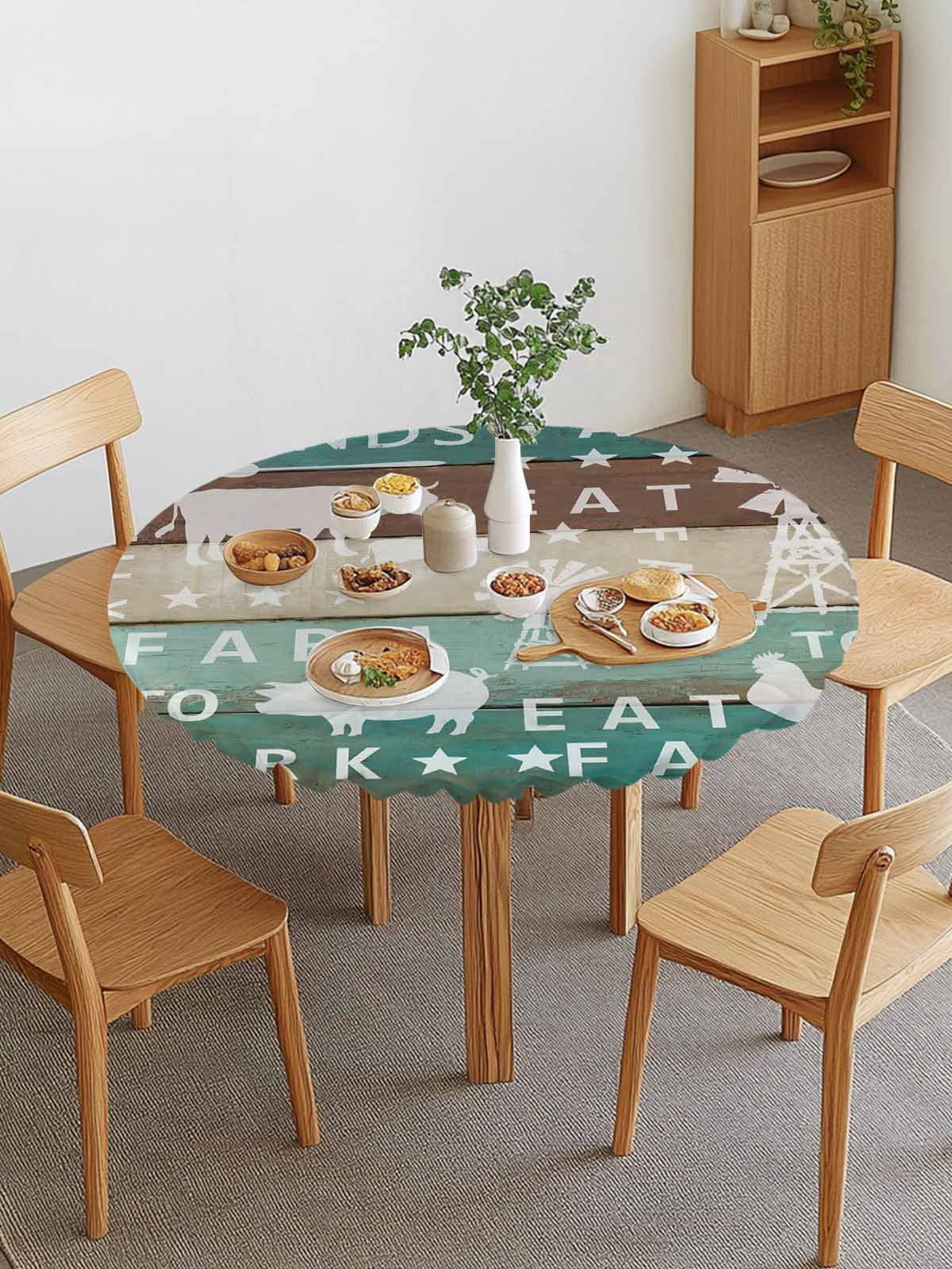 Farmhouse Animal Round Fitted Tablecloth with Elastic Edge, Chicken Cow ...