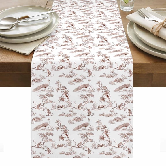 Farmhouse Animal Table Runner 13 x 72 Inch, Rustic Plant Turtles Monkey Silhouette Abstract Tree Washable Cotton Linen Dining Table Runner Tabletop Decorations for Restaurant Home Kitchen Party