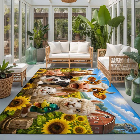 Farmhouse Animal Washable Living Room Rugs 8'x10', Cow Horse Alpaca Pig Sunflower Rustic Washable Throw Large Area Rug Non-Slip Sturdy Edge Binding Carpet for Bedroom Dining Room Office