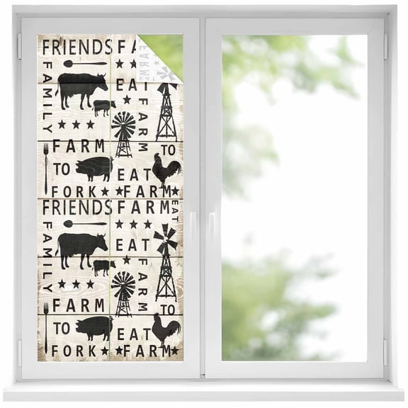 Farmhouse Animal Window Privacy Film, Chicken Cow Pig Windmills Wood Grain Frosted Glass Window Clings Static Cling UV Heat Blocking Reusable Door Sticker for Bathroom 19.6 x 39.3 Inch