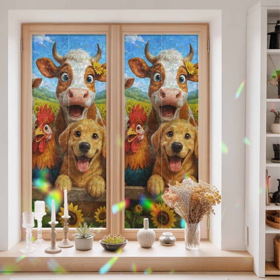 Farmhouse Animal Window Privacy Film Cow Puppy Duck Pig Rooster Barn Rustic Static Cling Stained Glass Window Film Non-Adhesive Decorative Decals Rainbow Sticker 23.6"X59"