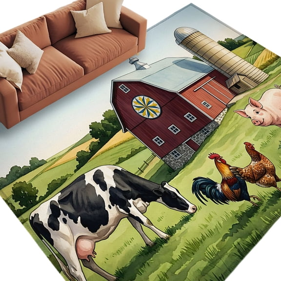 Farmhouse Animals Area Rug 5x8 Washable Rug Non Slip Country Barn Pig Rooster Cow Grassland Large Area Rug Soft Stainresistant Indoor Floor Carpet for Living Room Bedroom Office Dining Room Nursery