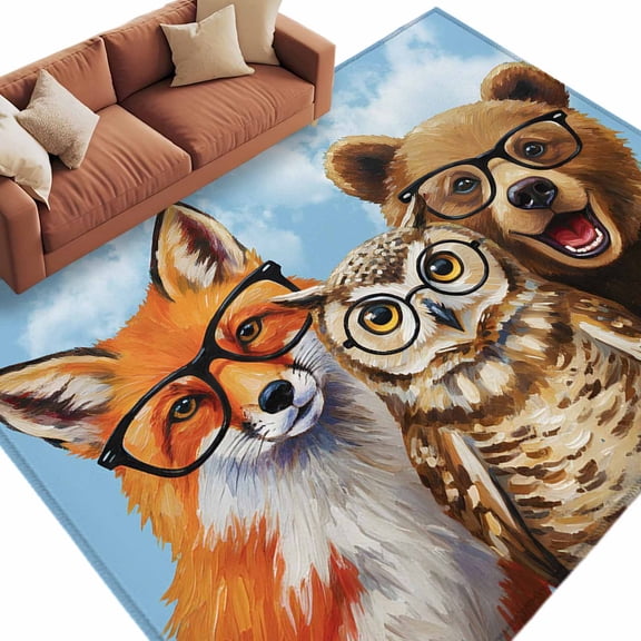 Farmhouse Animals Area Rug 5x8 Washable Rug Non Slip Cute Owl Fox Bear Blue Sky Watercolor Large Area Rug Soft Stainresistant Indoor Floor Carpet for Living Room Bedroom Office Dining Room Nursery