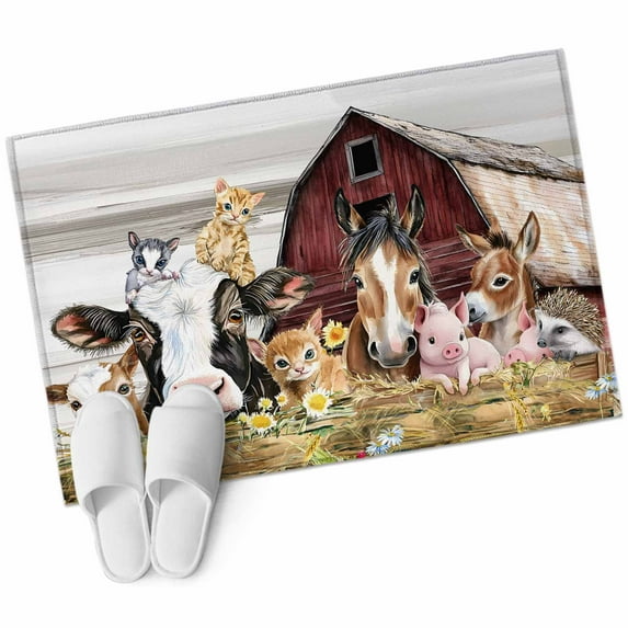 Farmhouse Animals Bathroom Mat 2x3 FT, Non Slip Small Kitchen Mat, Cow Pig in Fence Retro Wood Barn Washable Soft Backed Front Door Throw Rug Non-Shedding Indoor Outdoor Doormat for Entryway Sink