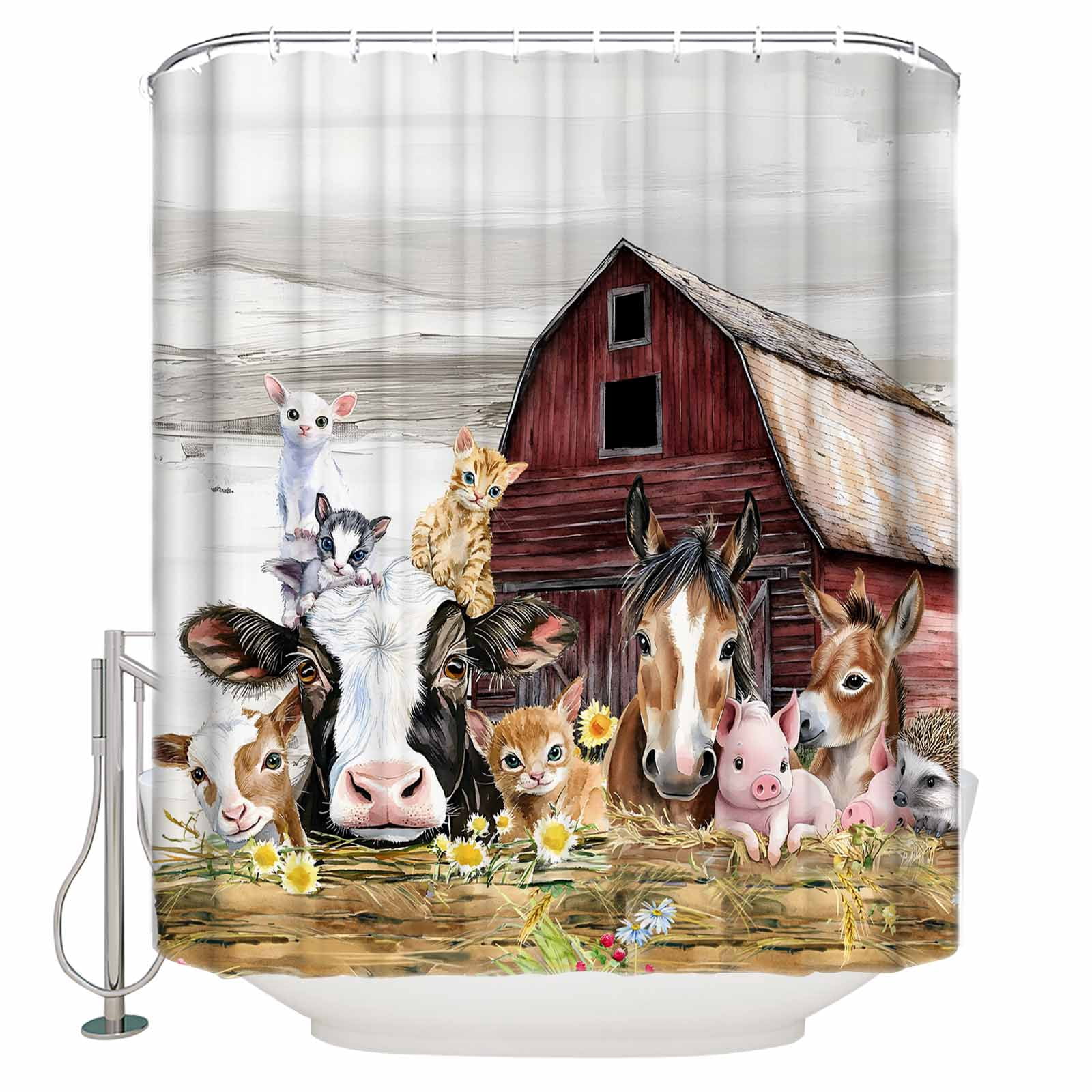 Farmhouse Animals Bathroom Shower Curtains with 12 Hooks Polyester
