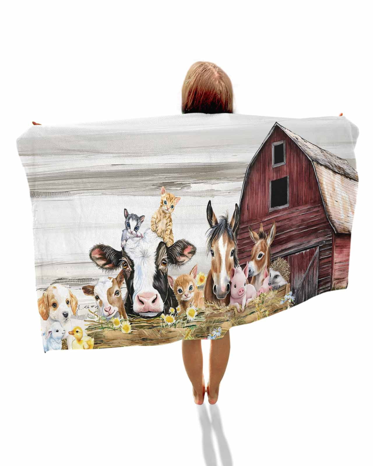Farmhouse Animals Beach Towels Oversized Super Absorbent, Cow Pig in Fence Retro Wood Barn Lightweight Bath Towel Quick Dry Sets For Bathroom/Pool/Rv Camping/Beach Play/Gym Room/Picnic 30"x60"