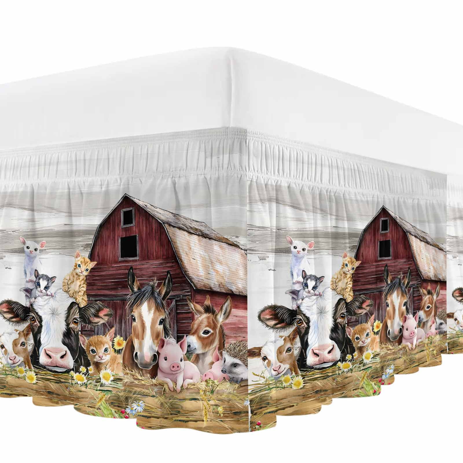 Farmhouse Animals Bed Skirt Queen Size, Cow Pig in Fence Retro Wood Barn Wrap Around Bed Skirting with Adjustable Elastic Strap, Dust Ruffle Pleated Bedskirts 16 Inch Drop for Bedroom Queen Beds
