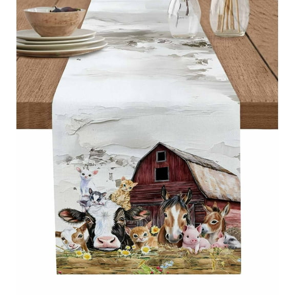 Farmhouse Animals Burlap Cotton Table Runner 16x72 Inches Long, Cow Pig in Fence Retro Wood Barn Farmhouse Table Runners, Outdoor Dining Tablecloths Decor for Baby Shower/Party/Wedding