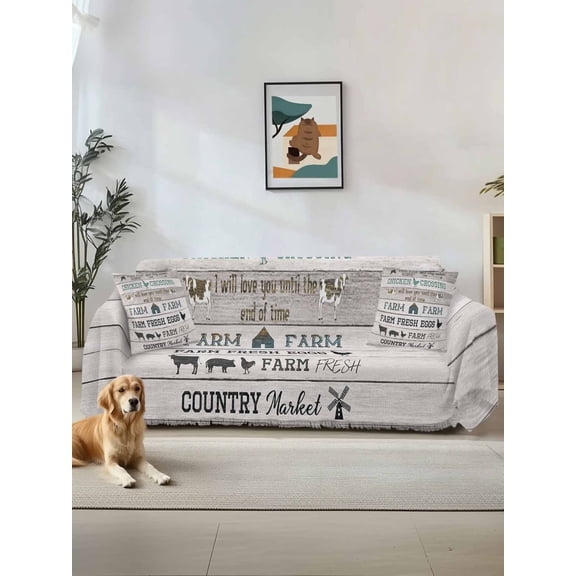 Farmhouse Animals Couch Cover Sofa Covers 3 Cushion Sectional Couch, Rooster Pig Cow Rustic Beige Wood Washable Sofa Covers Slipcover Sectional Sofa Cover, Furniture Protector 71"x150"