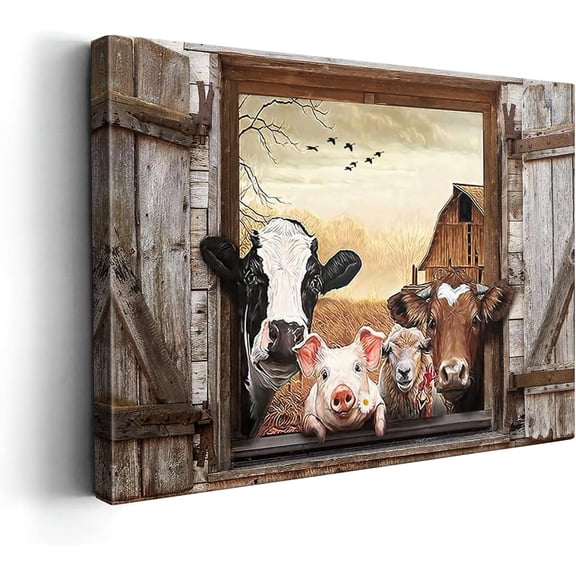 Farmhouse Animals Cow in Fake Window Wall Art Farmhouse Animals Landscape Picture Country Painting Wall Décor for Bathroom Bedroom Office Unframed Artwork