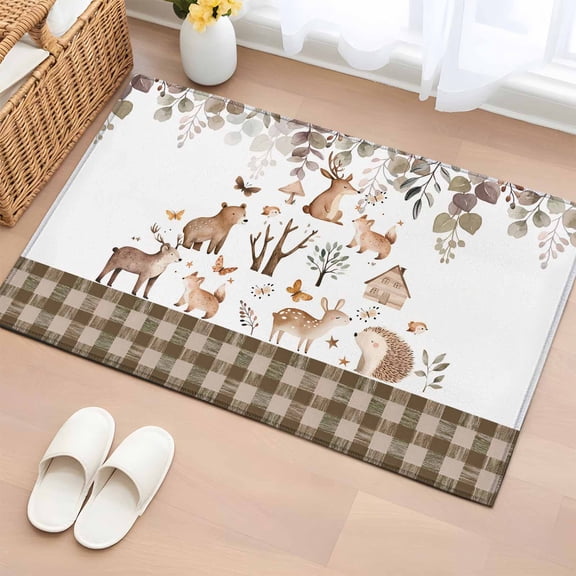 Farmhouse Animals Entryway Rug 2'x3'&nbsp; Non Slip Front Door Mats, Forest Eucalyptus Deer Bear Hedgehog Entrance Rugs Indoor Outdoor Carpet, Washable Floor Mats Small Area Rug for Bedroom Kitchen