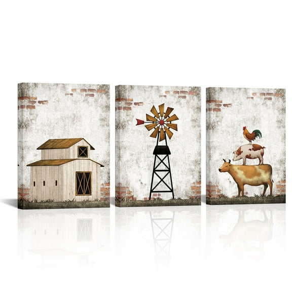 Farmhouse Animals Framed Canvas Wall Art Rooster Pig Cow Farm Houses Windmills Wall Decor - Funny Artwork Decoration for Home Office Rustic Poster Print for Living room Bedroom Ready to Hang