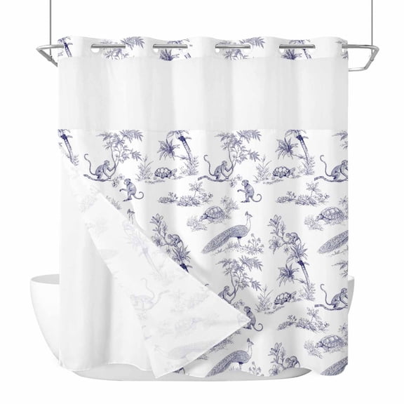 Farmhouse Animals No Hook Shower Curtain with Snap in Liner Rustic Plant Turtles Monkey Silhouette Abstract Tree Waterproof Bathroom Shower Curtain with See Through Top Window for Bathtub 72" x 72"