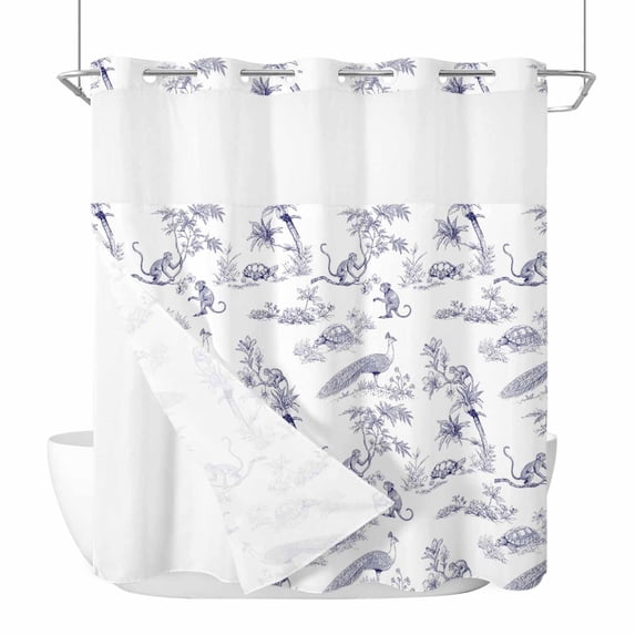 Farmhouse Animals No Hook Shower Curtain with Snap in Liner Rustic Plant Turtles Monkey Silhouette Abstract Tree Waterproof Bathroom Shower Curtain with See Through Top Window for Bathtub 72" x 78"