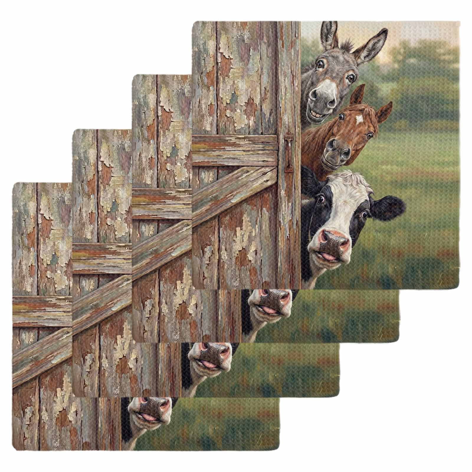 Farmhouse Animals Kitchen Dish Towels for Drying Dishes Set of 4, Country Cows Horses Donkeys Farm Waffle Weave Microfiber Hand Tea Bathroom Towels Quick Dry & Absorbent Towel 12x12