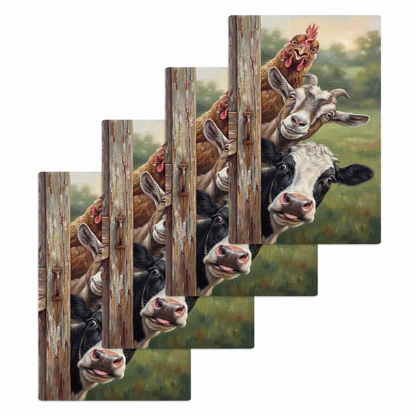 Farmhouse Animals Kitchen Dish Towels for Drying Dishes Set of 4, Country Cows Sheeps Roosters Farm Waffle Weave Microfiber Hand Tea Bathroom Towels Quick Dry & Absorbent Towel 15.7x23.6