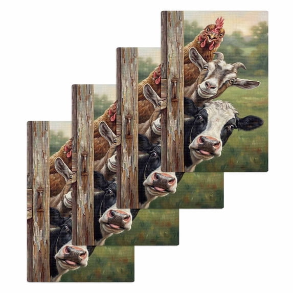 Farmhouse Animals Kitchen Dish Towels for Drying Dishes Set of 4, Country Cows Sheeps Roosters Farm Waffle Weave Microfiber Hand Tea Bathroom Towels Quick Dry & Absorbent Towel 15.7x23.6