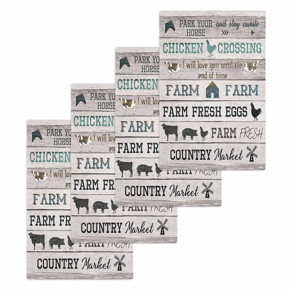 Farmhouse Animals Kitchen Dish Towels for Drying Dishes Set of 4, Rooster Pig Cow Rustic Beige Wood Waffle Weave Microfiber Hand Tea Bathroom Towels Quick Dry & Absorbent Towel 15.7x23.6