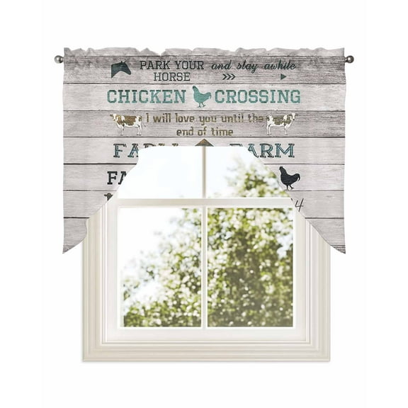 Farmhouse Animals Kitchen Swag Valance for Window,Rod Pocket Short Kitchen Curtains&nbsp;36 Inch Length,Rooster Pig Cow Rustic Beige Wood Swag Topper Small Window Treatment for Cafe Bathroom Bedroom