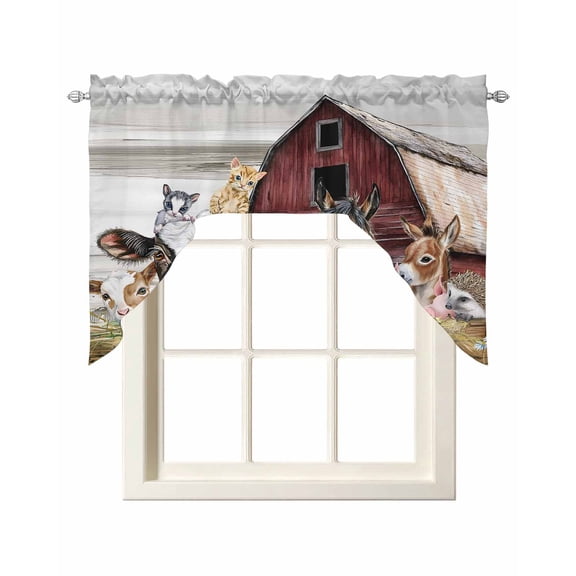Farmhouse Animals Kitchen Swag Valances for Windows, Cow Pig in Fence Retro Wood Barn Swag Valances Curtains for Living Room, Rod Pocket Window Treatments for Bathroom, Bedroom, Cafe, 56"x36"