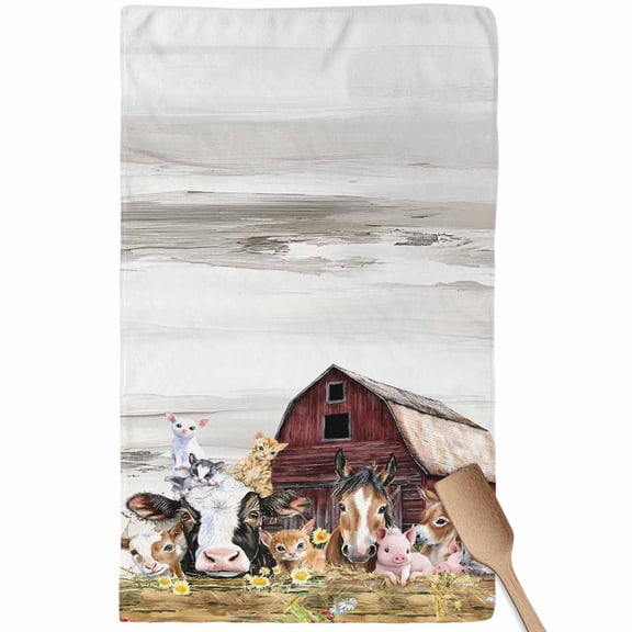Farmhouse Animals Kitchen Towel Dish Cloths Set of 1, Microfiber Soft Kitchen Hand Towels, Cow Pig in Fence Retro Wood Barn Absorbent Quick Drying Dishcloths 18 x 28 Inches