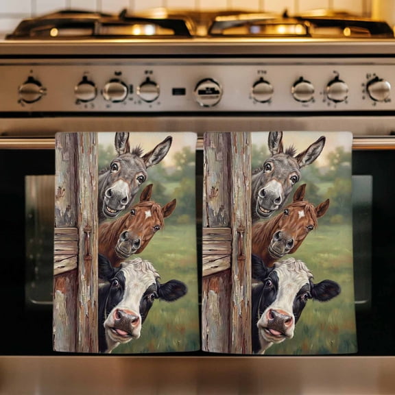 Farmhouse Animals Kitchen Towels Set of 1, Country Cows Horses Donkeys Farm Absorbent Dish Towels for Kitchen, Microfiber Hand Towel, Quick Drying Tea Towel for Cleaning Decorative Dishcloths