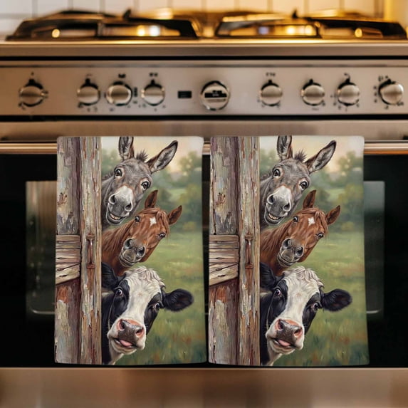 Farmhouse Animals Kitchen Towels Set of 4, Country Cows Horses Donkeys Farm Absorbent Dish Towels for Kitchen, Microfiber Hand Towel, Quick Drying Tea Towel for Cleaning Decorative Dishcloths