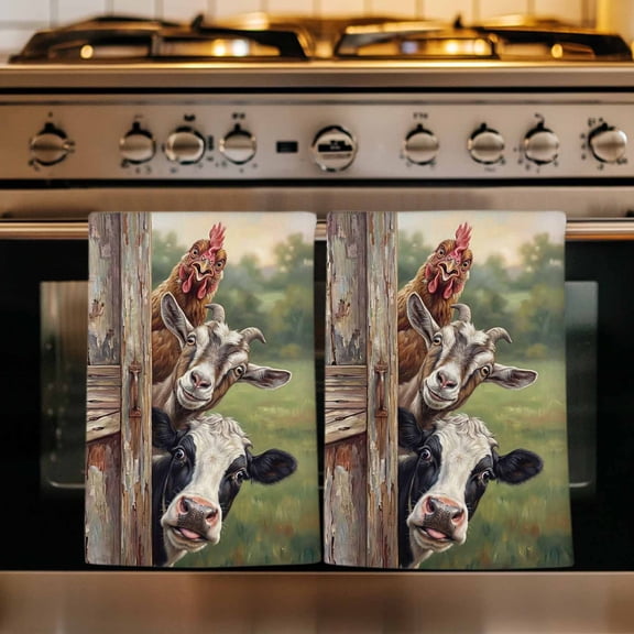 Farmhouse Animals Kitchen Towels Set of 4, Country Cows Sheeps Roosters Farm Absorbent Dish Towels for Kitchen, Microfiber Hand Towel, Quick Drying Tea Towel for Cleaning Decorative Dishcloths