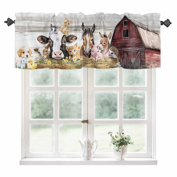 Farmhouse Animals Kitchen Valances for Windows 42x18 Inch Kitchen Curtains Valances Rod Pocket Cow Pig in Fence Retro Wood Barn Bathroom Window Valances for Window Treatment Decor
