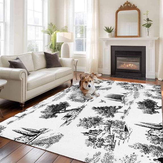 Farmhouse Animals Large Area Rugs 5x8 ft Rustic Plant Bird Silhouette Abstract Tree Washable Rug Non Slip Indoor Carpet Absorbent Floor Mat for Living Room Bedroom Dining Room
