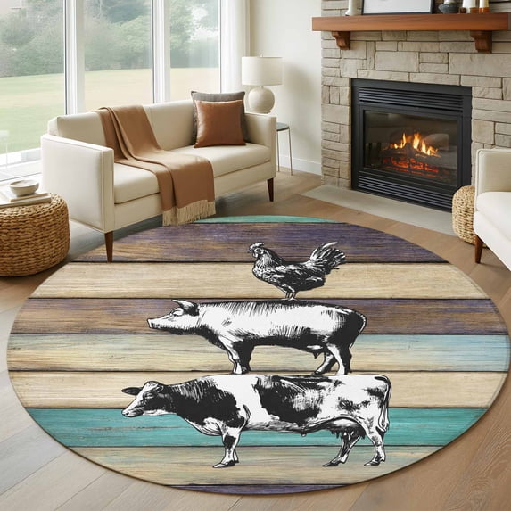 Farmhouse Animals Large Round Rug 8 FT, Non Slip Living Room Area Carpet, Vintage Wood Country Cow Pig Chicken Washable Soft Circle Rug Non-Shedding Floor Carpet for Bedroom Office Dining Room