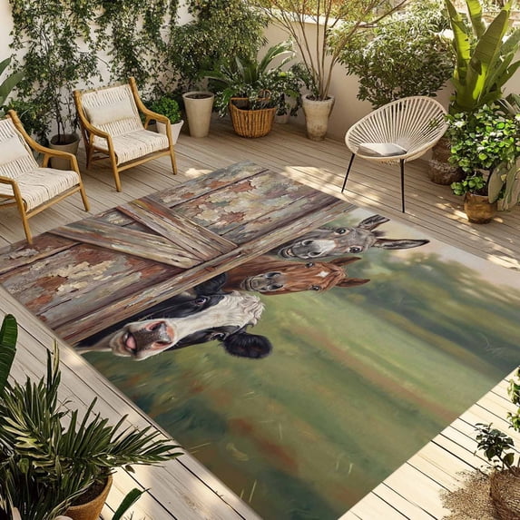 Farmhouse Animals Outdoor Rug for Patio/Deck/Porch, Non-Slip Large Area Rug 3 x 5 Ft, Country Cows Horses Donkeys Farm Indoor Outdoor Rugs Washable Area Rugs, Reversible Camping Rug Carpet Runner