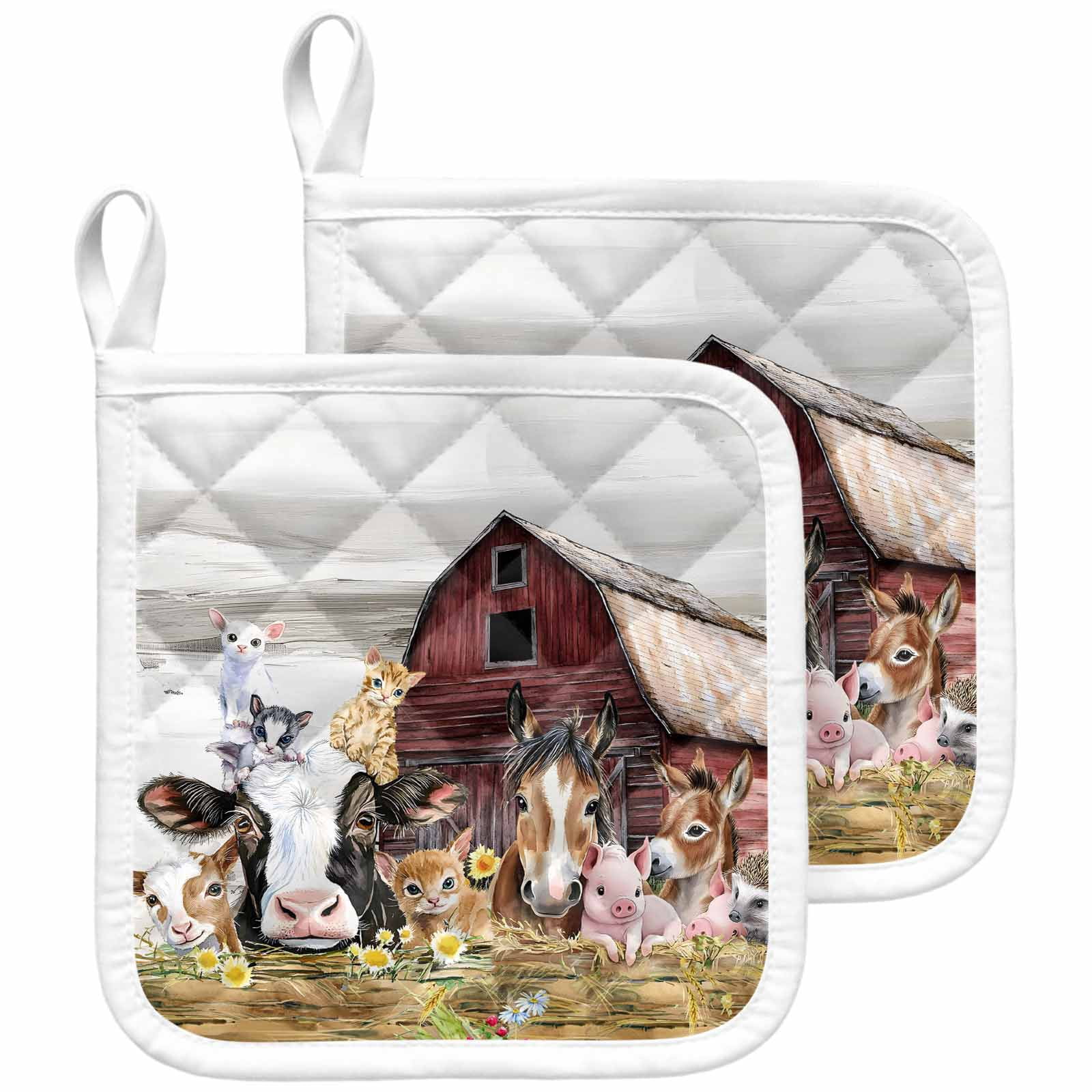 Farmhouse Animals Pot Holders for Kitchen Heatproof Potholder, 2 Pack Cow Pig in Fence Retro Wood Barn Hot Pads Multipurpose Oven Pads Cloth Potholders Trivet for Cooking and Baking