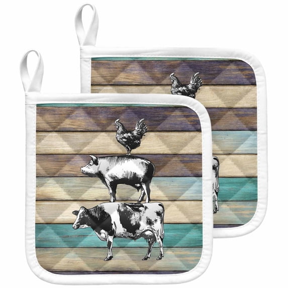 Farmhouse Animals Pot Holders for Kitchen Heatproof Potholder, 2 Pack Vintage Wood Country Cow Pig Chicken Hot Pads Multipurpose Oven Pads Cloth Potholders Trivet for Cooking and Baking