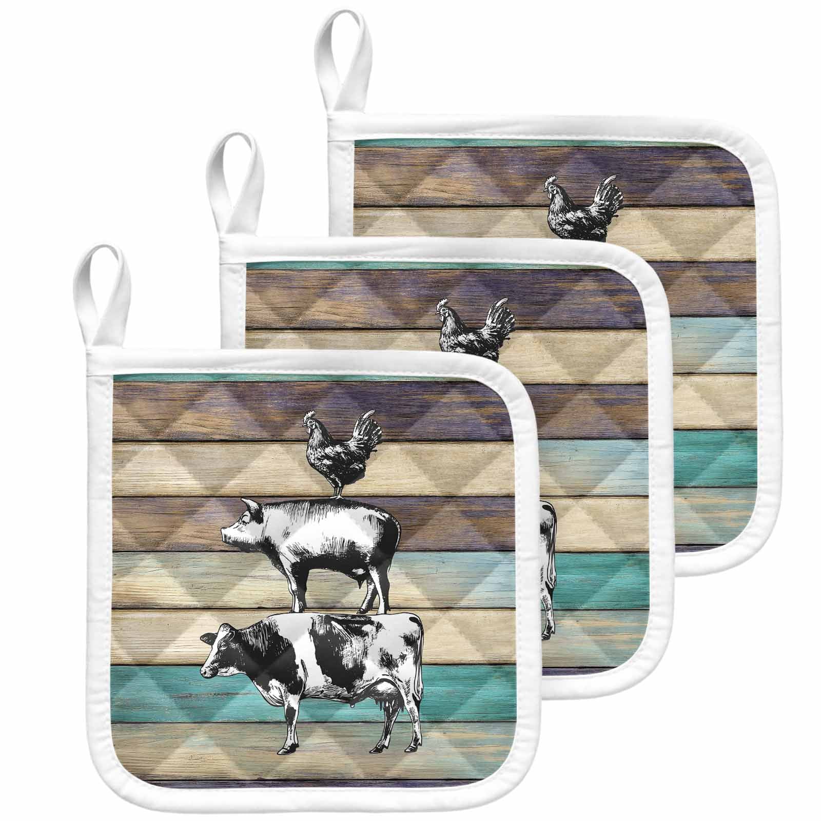 Farmhouse Animals Pot Holders for Kitchen Heatproof Potholder, 3 Pack Vintage Wood Country Cow Pig Chicken Hot Pads Multipurpose Oven Pads Cloth Potholders Trivet for Cooking Baking