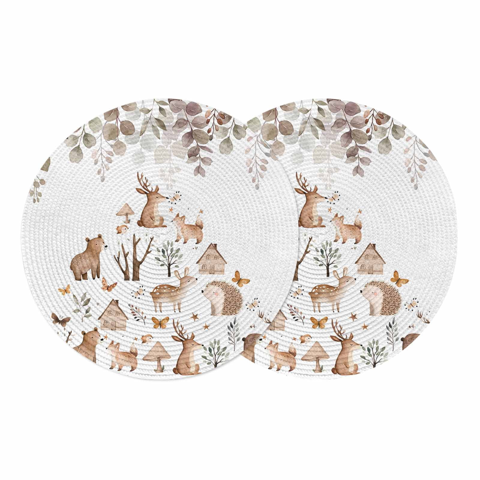 Farmhouse Animals Round 13 Inch Placemats Set of 2, Deer Bear Hedgehog ...