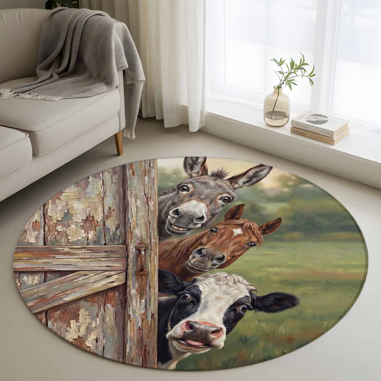 Farmhouse Animals Round Area Rug 3.3Ft Washable Circle Rugs for Dining ...