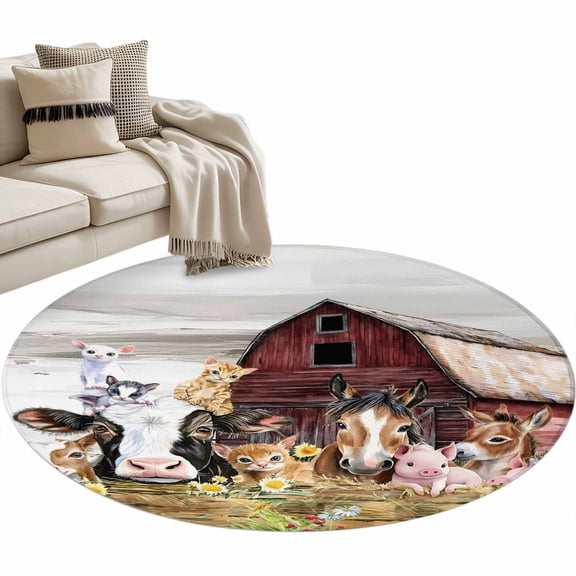Farmhouse Animals Round Area Rug 3 FT, Small Kitchen Bathroom Mat, Cow Pig in Fence Retro Wood Barn Washable Indoor Outdoor Throw Runner Carpet Non-Shedding Doormat for Table Shower Sofa Entryway