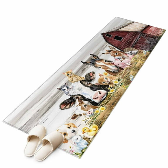 Farmhouse Animals Runner Rug 2x6 FT, Non Slip Hallway Carpet, Cow Pig in Fence Retro Wood Barn Washable Soft Floor Carpet Throw Runner Carpet Long Rug for Entryway Kitchen Bedside Sliding Door