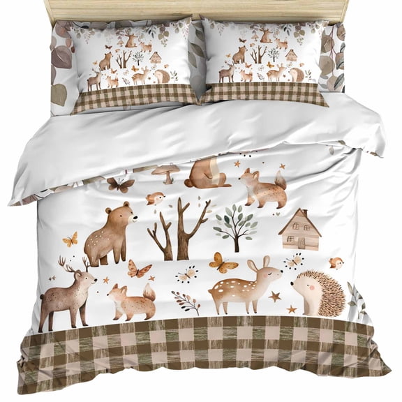 Farmhouse Animals Set of 4 Bedding Quilt Covers, Forest Eucalyptus Deer Bear Hedgehog 4-Piece Bed Sheet Set with Extra Soft Bed Sheets Quilt Cover Pillowcase, Full