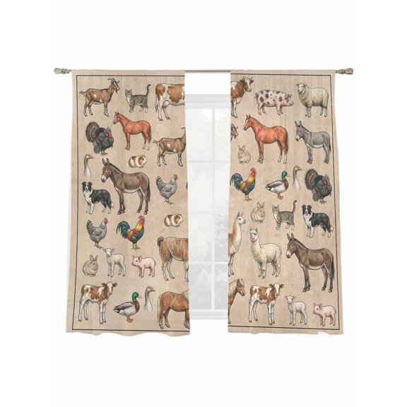 Farmhouse Animals Sheer Curtains 2 Panels Set Retro Cow Cock Sheep Pig Linen Texture Sheer Window Curtains Light Filtering Rod Pocket Voile Drapes for Bedroom Living Room 52"x63"