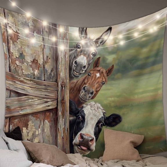 Farmhouse Animals Small Tapestry for Bedroom Wall Hanging Tapestry, Country Cows Horses Donkeys Farm Ceiling Backdrop Tapestries Poster Blanket Wall Decor for Teens Room Living Room Dorm 23" x 28"