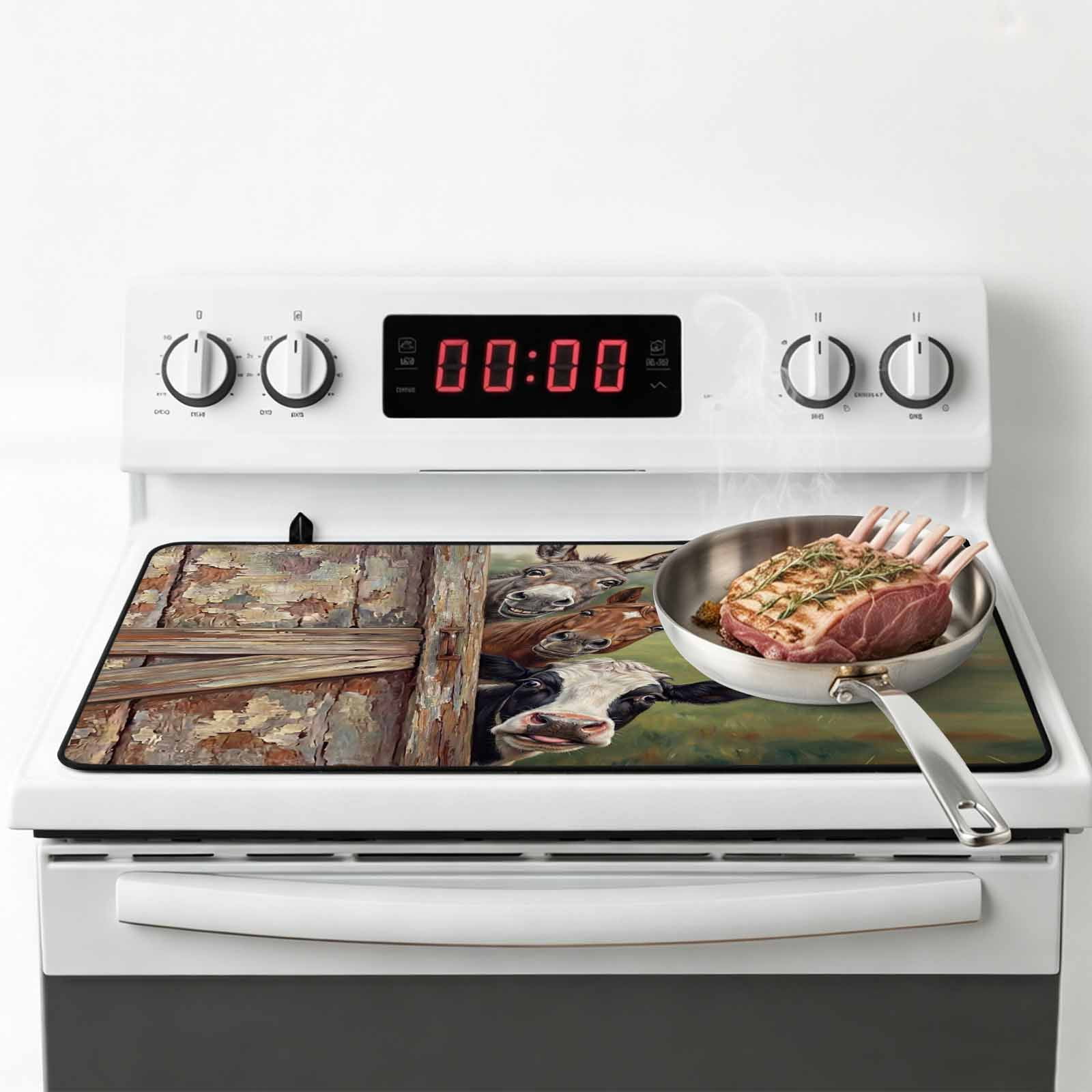 Farmhouse Animals Stove Top Cover for Electric Stove, Heat-proof & Non Slip Glass Top Stove Cover Protector, Country Cows Horses Donkeys Farm Kitchen Flat Cooktop Rubber Mat 24x21 Inches