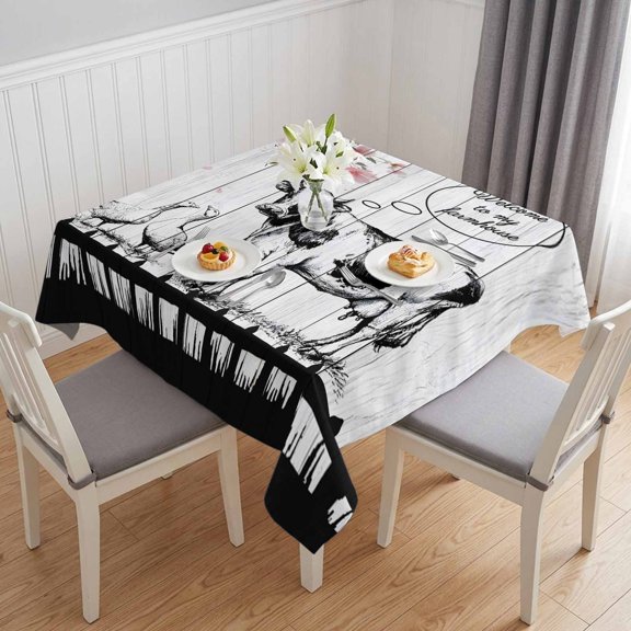 Farmhouse Animals Table Cloth Waterproof Tablecloths, Cow Chicken Sheep Pig Rustic Pink Flower Tablecloth Dining Table Cover for Kitchen Party Tabletop Outdoor, Square Tablecloth 60x60 Inch