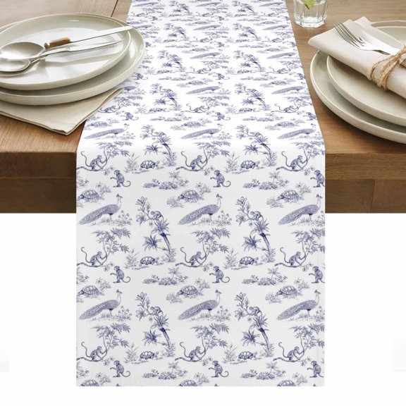 Farmhouse Animals Table Runner 13 x 36 Inch, Rustic Plant Turtles Monkey Silhouette Abstract Tree Washable Cotton Linen Dining Table Runner Tabletop Decorations for Restaurant Home Kitchen Party