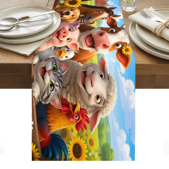 Farmhouse Animals Table Runner Vibrant Cow Sheep Horse Tablerunners 13 x 36 Inch, Table Decorations Tabletop Scarf for Summer Gathering Holiday Farmhouse Kitchen Dining Decor