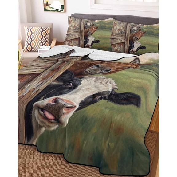 Farmhouse Animals Twin Size Down Alternative Comforter, Lightweight Comforter Quilt Bedding Set with Pillow Shams Country Cows Horses Donkeys Farm All Seasons Bed Comforter Duvet Insert 68"x86"