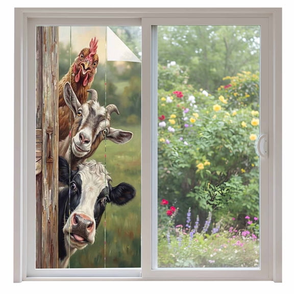 Farmhouse Animals Window Privacy Film, Country Cows Sheeps Roosters Farm Static Cling UV Sun Blocking Heat Control Window Tint Day and Night, Non-Adhesive One Way Windows Privacy Cover 35.4''x78.7''