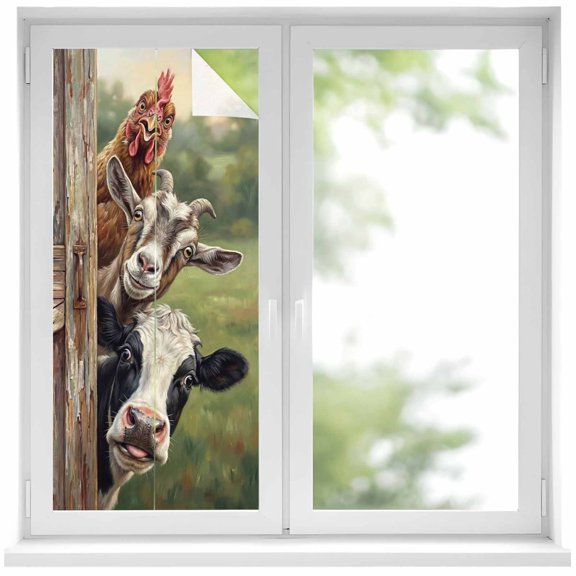 Farmhouse Animals Window Privacy Film, Country Cows Sheeps Roosters Farm Static Cling UV Sun Blocking Heat Control Window Tint Day and Night, Non-Adhesive One Way Windows Privacy Cover 19.6''x39.3''