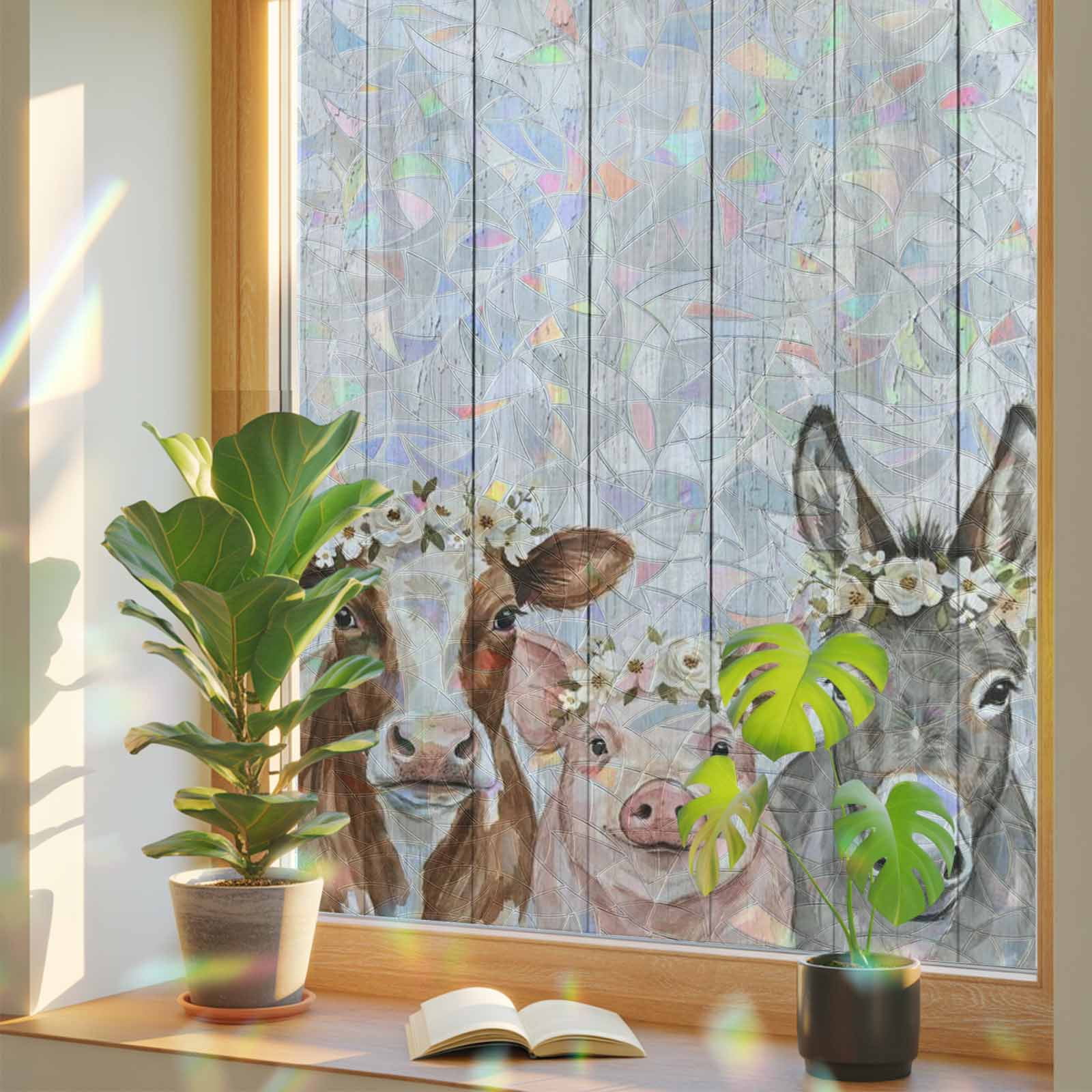 Farmhouse Animals Window Privacy Film, Watercolor Floral Cow Pig Donkey ...